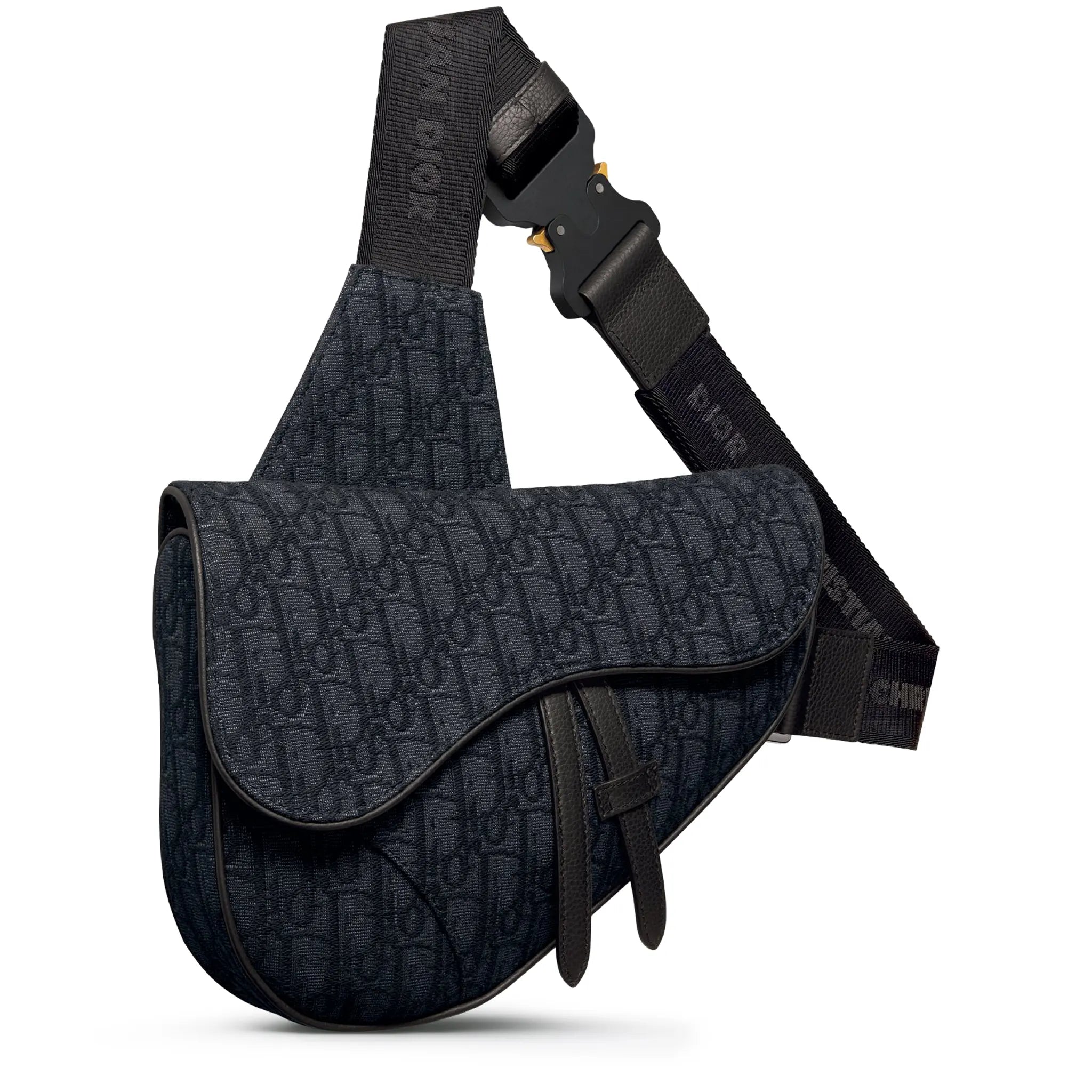 Front View of Dior Oblique Jacquard Black Saddle Bag 1ADPO093YKY_H00N